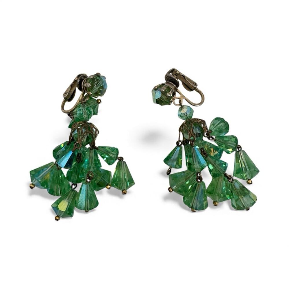 Vintage Green Aurora Borealis Crystal Chandelier Clip On Earrings Gold Tone